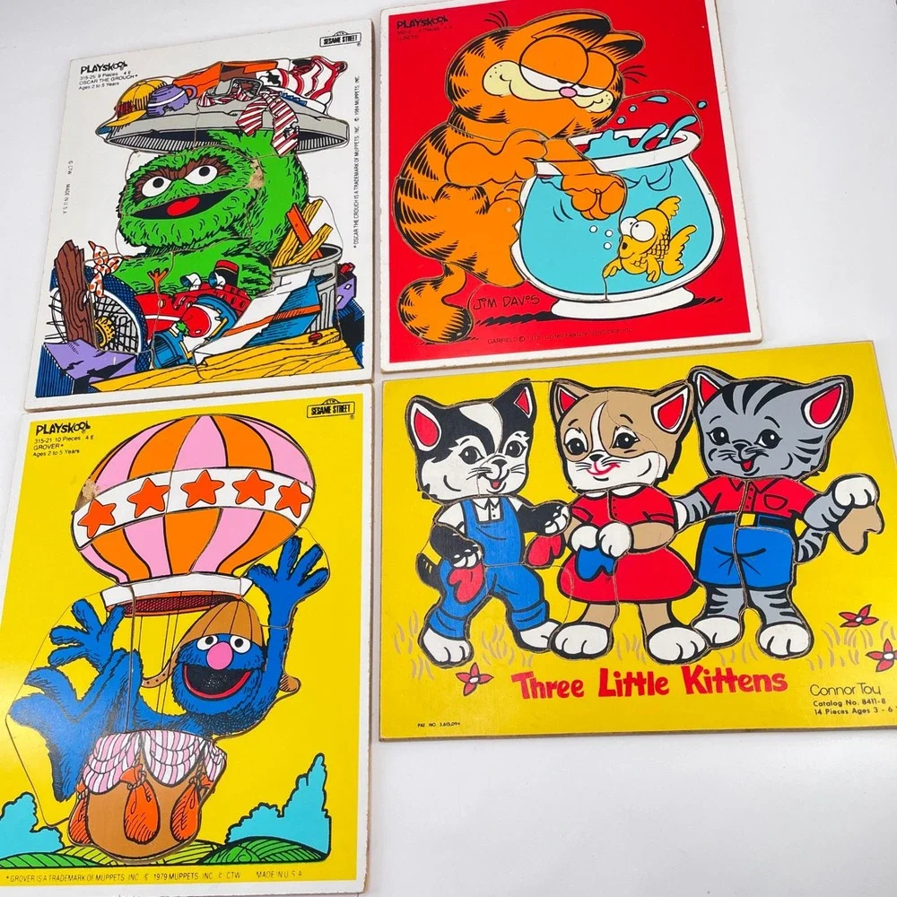 Vintage Playskool Wood Puzzle Lot Sesame Street Garfield Three Little Kittens